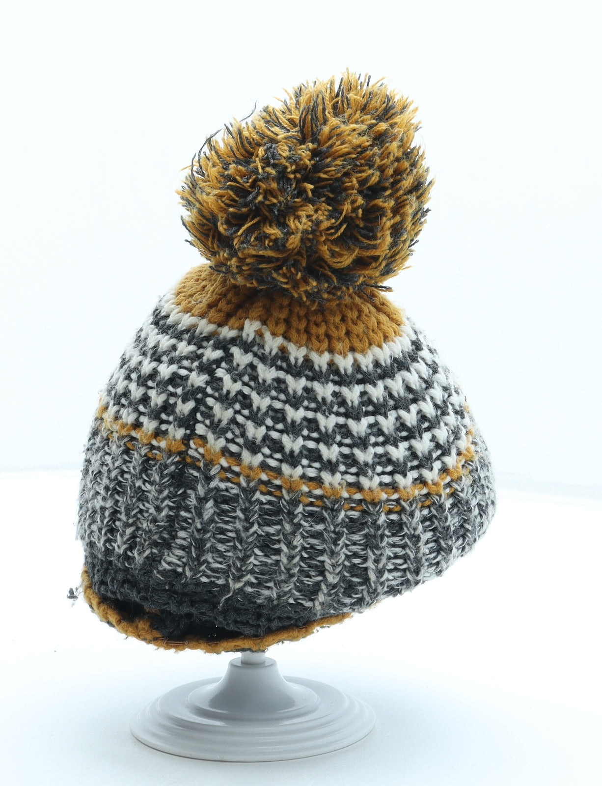 F&F Boys Grey Striped Acrylic Bobble Hat One Size - Pom Pom