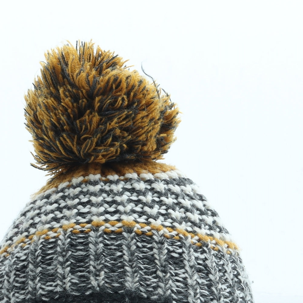 F&F Boys Grey Striped Acrylic Bobble Hat One Size - Pom Pom