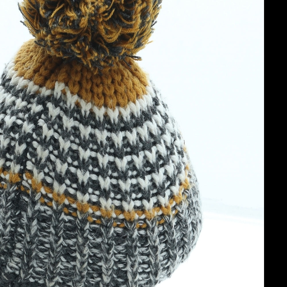 F&F Boys Grey Striped Acrylic Bobble Hat One Size - Pom Pom