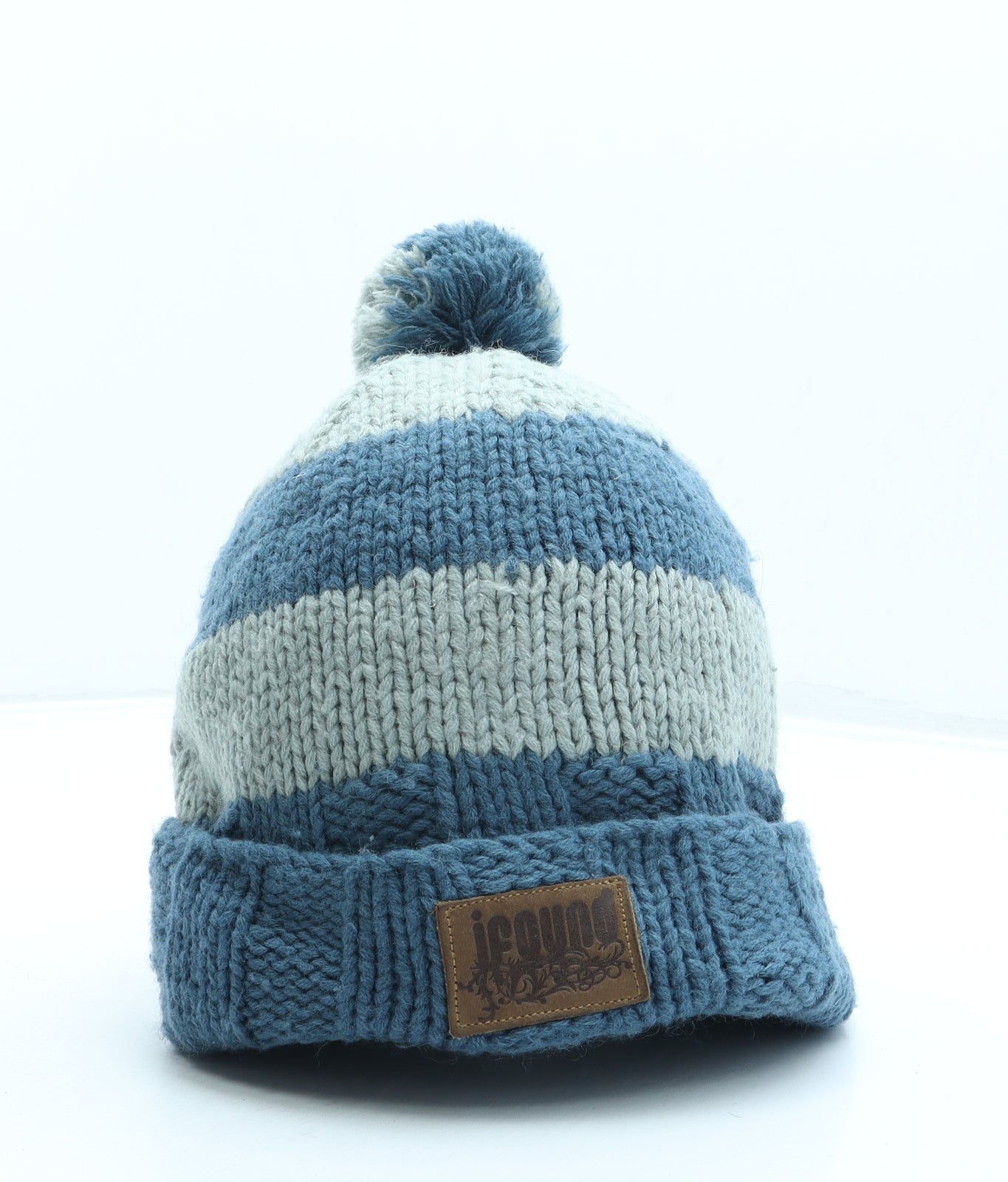 IFOUND Mens Blue Striped Acrylic Beanie One Size - Pom Pom