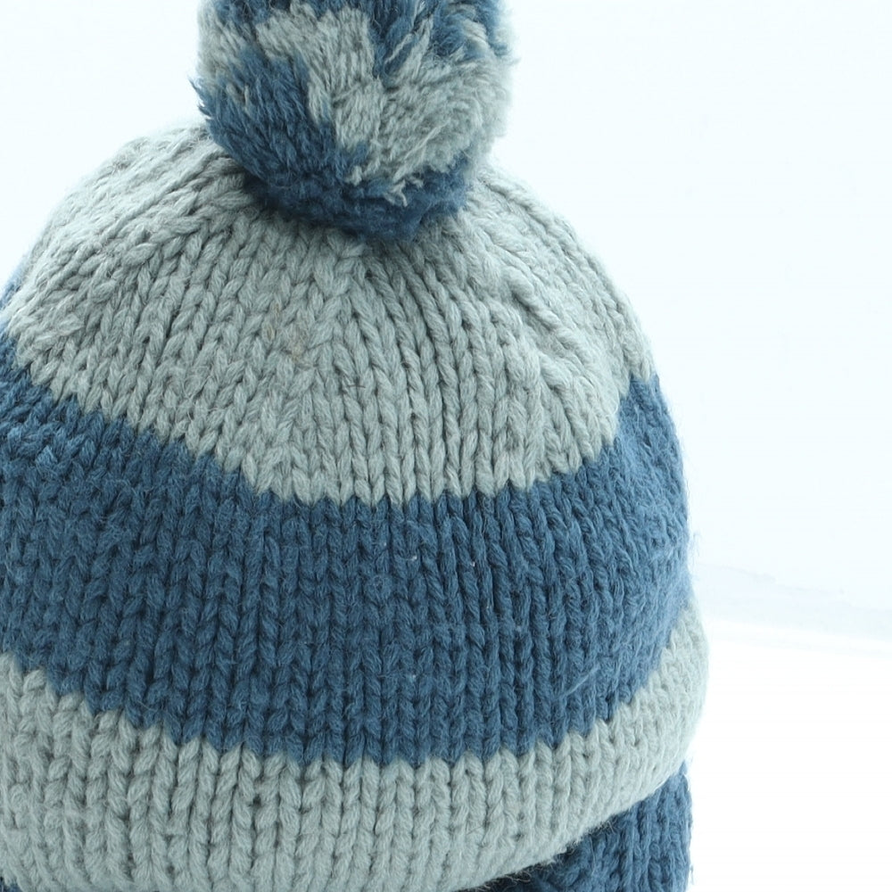 IFOUND Mens Blue Striped Acrylic Beanie One Size - Pom Pom