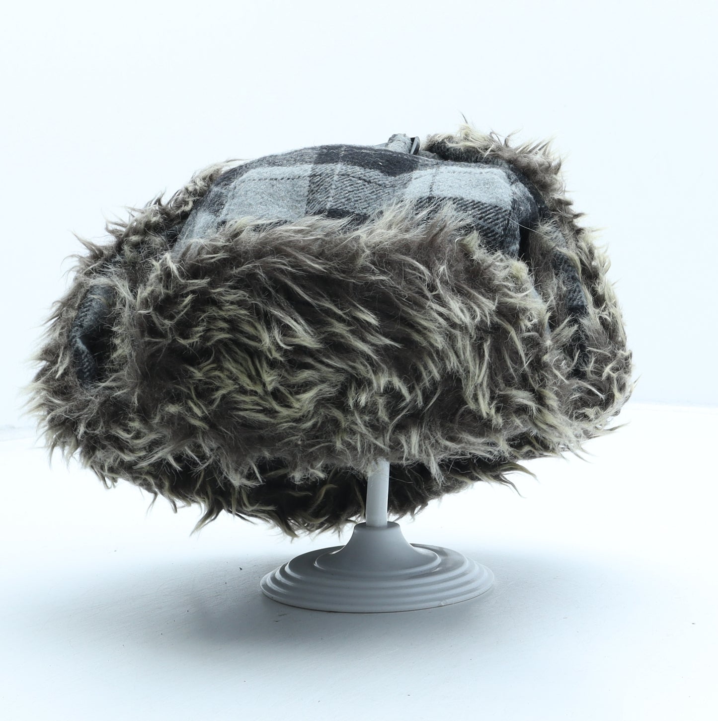 F&F Mens Grey Check Acrylic Trapper Hat Size S