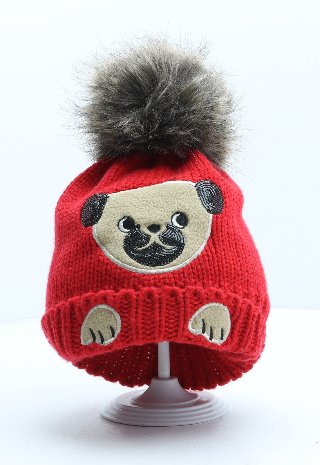 George Girls Red Acrylic Bobble Hat One Size - Dog
