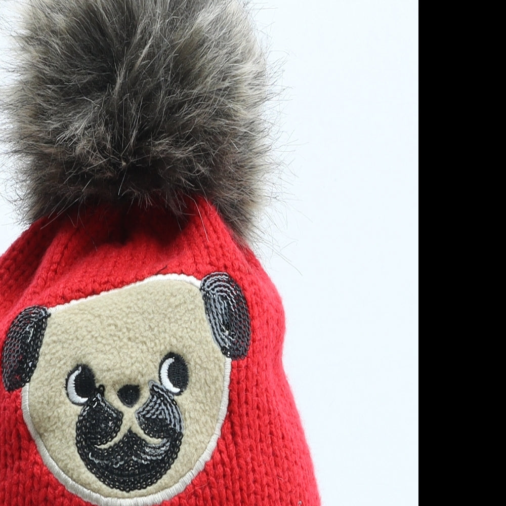 George Girls Red Acrylic Bobble Hat One Size - Dog