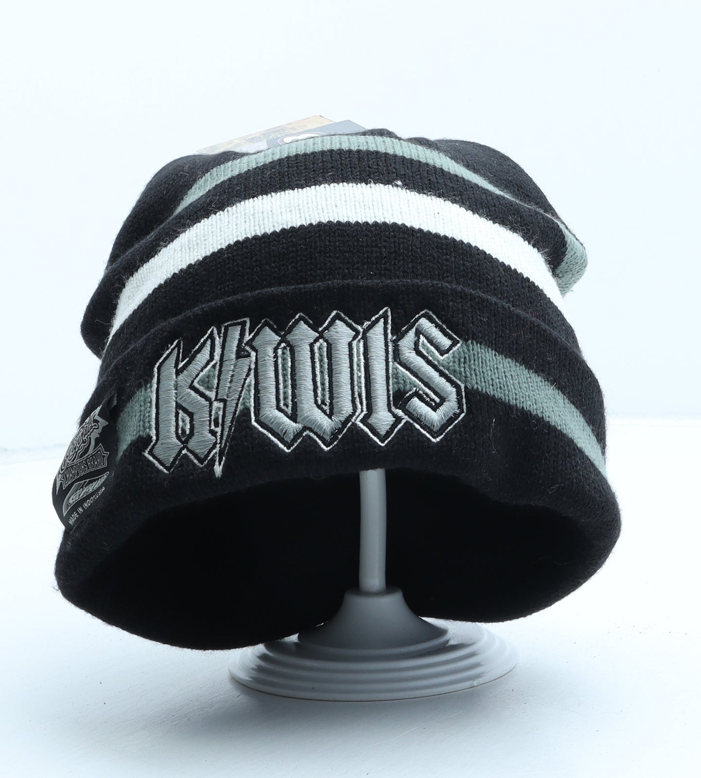 EAB Mens Black Striped Acrylic Beanie One Size - Kiwis