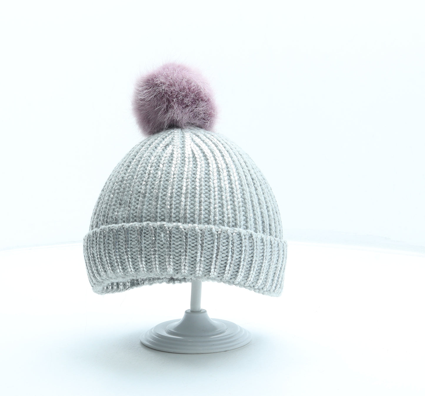 F&F Girls Silver Acrylic Bobble Hat Size S