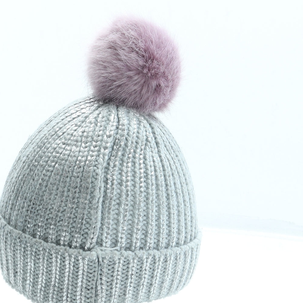 F&F Girls Silver Acrylic Bobble Hat Size S