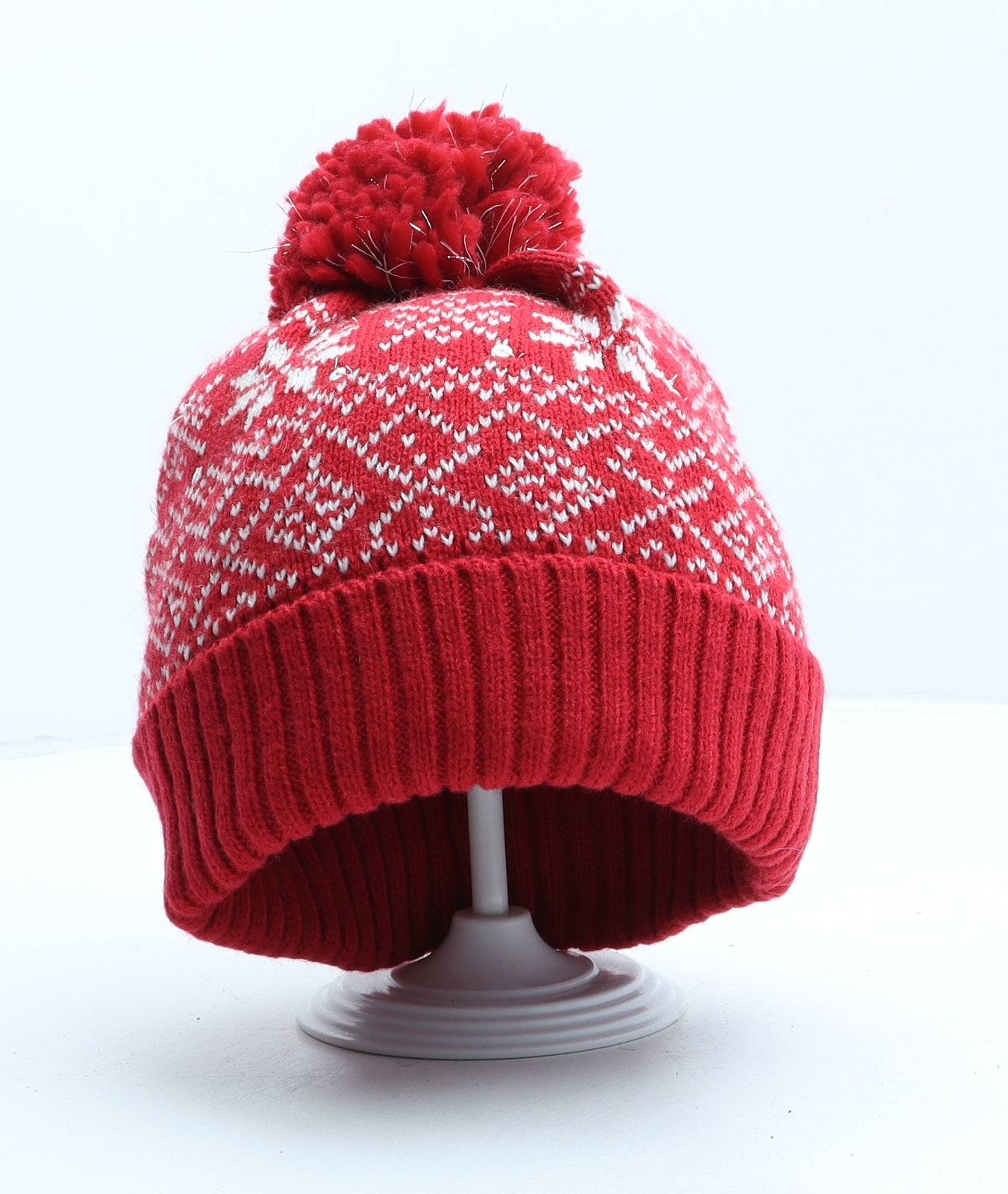 Primark Girls Red Fair Isle Acrylic Bobble Hat One Size