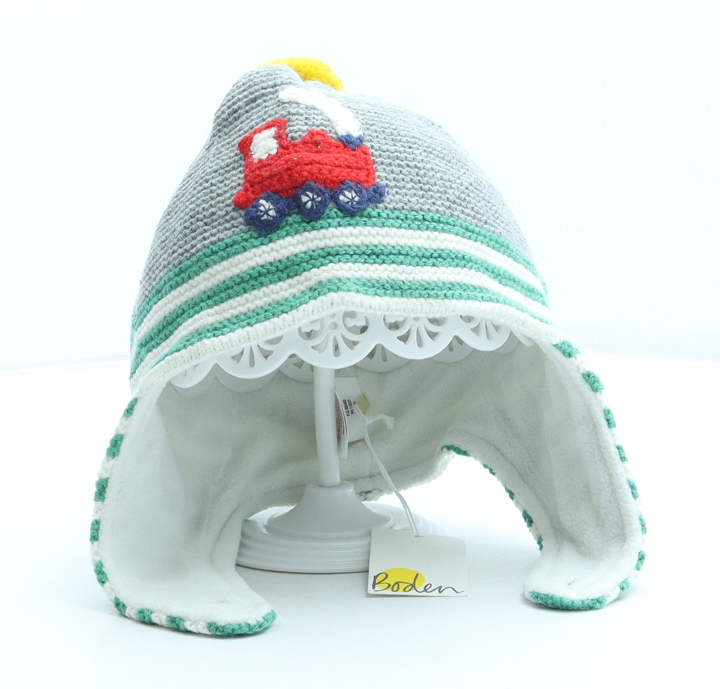 Boden Boys Multicoloured Striped Acrylic Bonnet One Size - Tractor