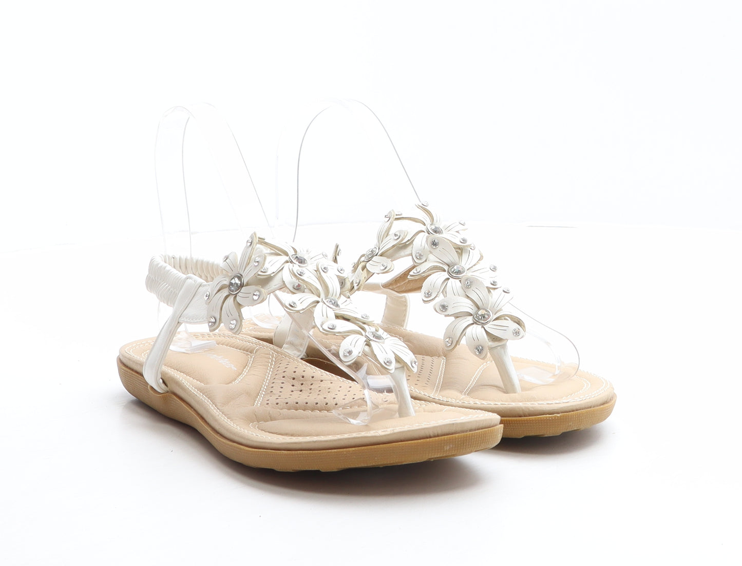 Apple Footwear Womens White Synthetic Thong Sandal UK 5 38 - Flower details