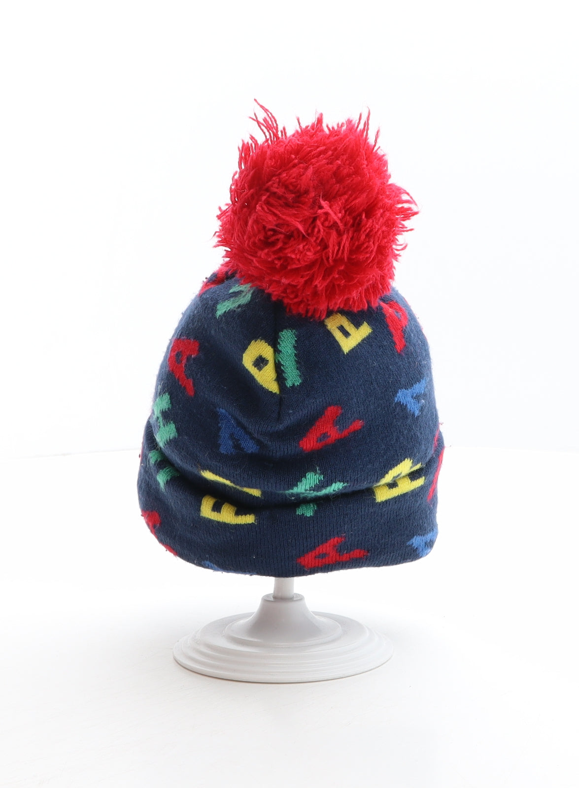 Primark Boys Blue Geometric Acrylic Bobble Hat One Size - Letters