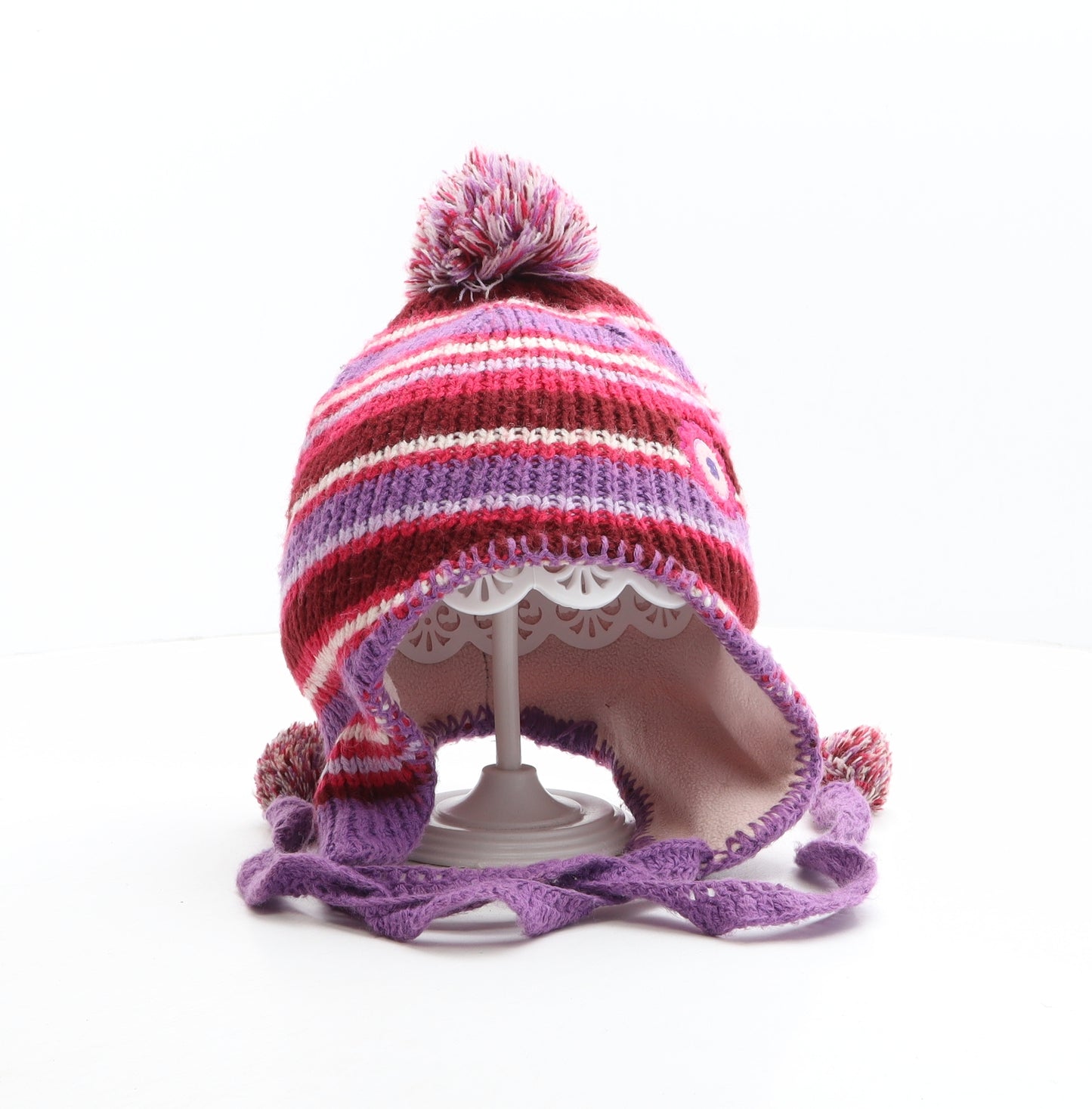 Preworn Girls Multicoloured Striped Acrylic Bonnet One Size - Flower detail