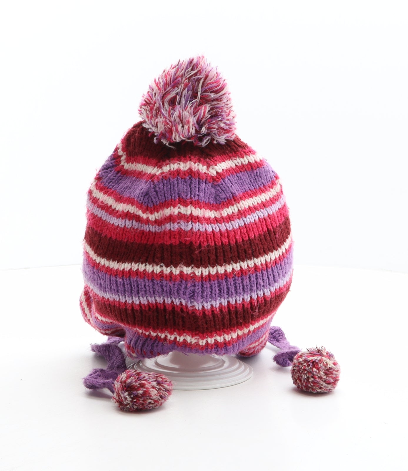 Preworn Girls Multicoloured Striped Acrylic Bonnet One Size - Flower detail