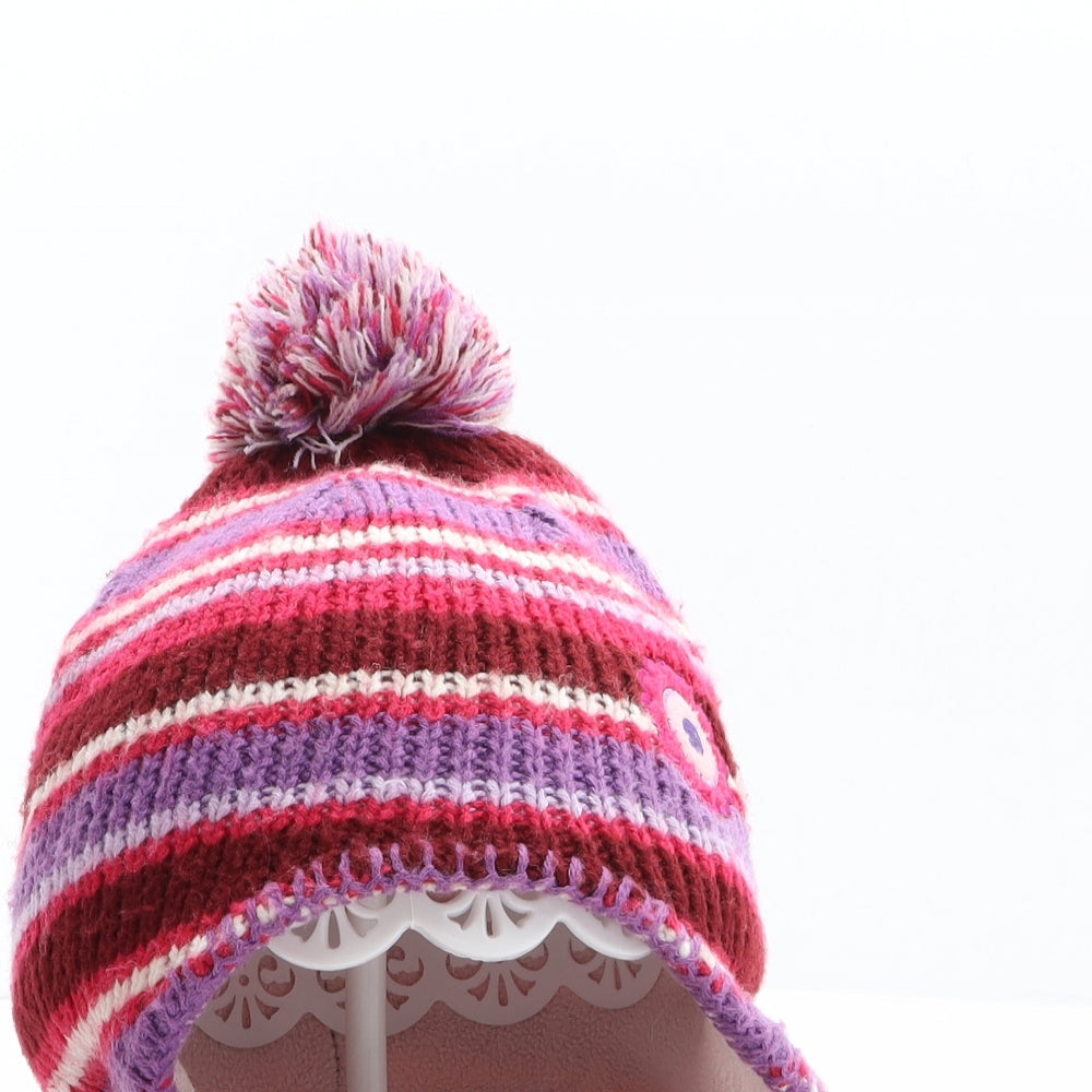 Preworn Girls Multicoloured Striped Acrylic Bonnet One Size - Flower detail