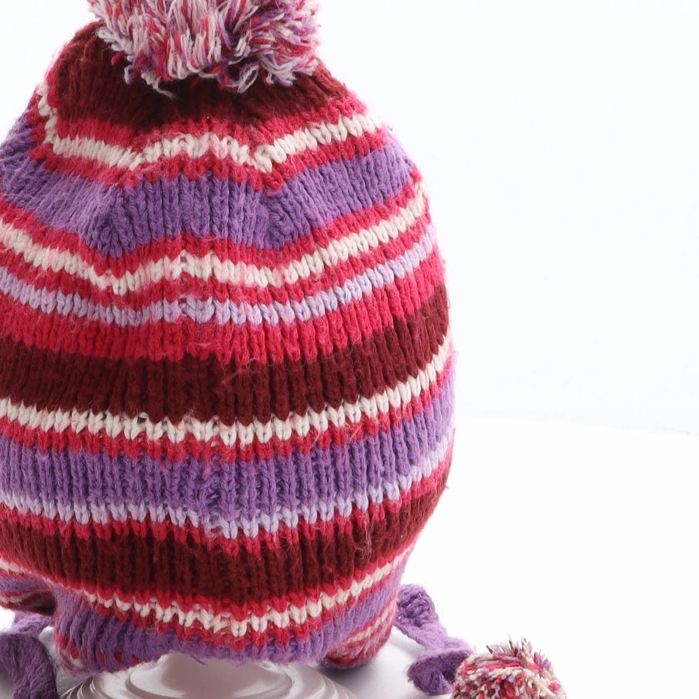 Preworn Girls Multicoloured Striped Acrylic Bonnet One Size - Flower detail