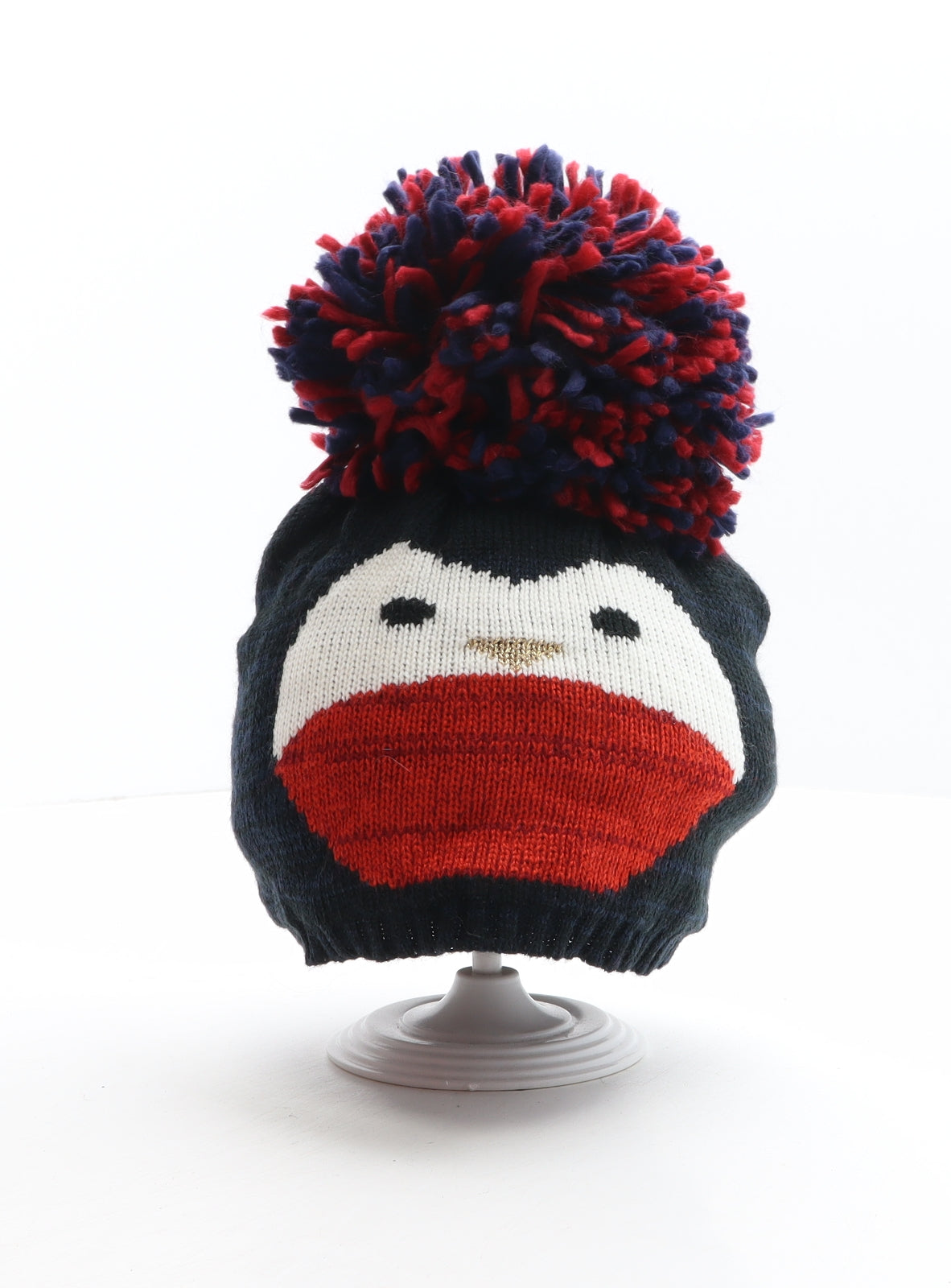 Preworn Womens Black Acrylic Bobble Hat One Size - Penguin Design