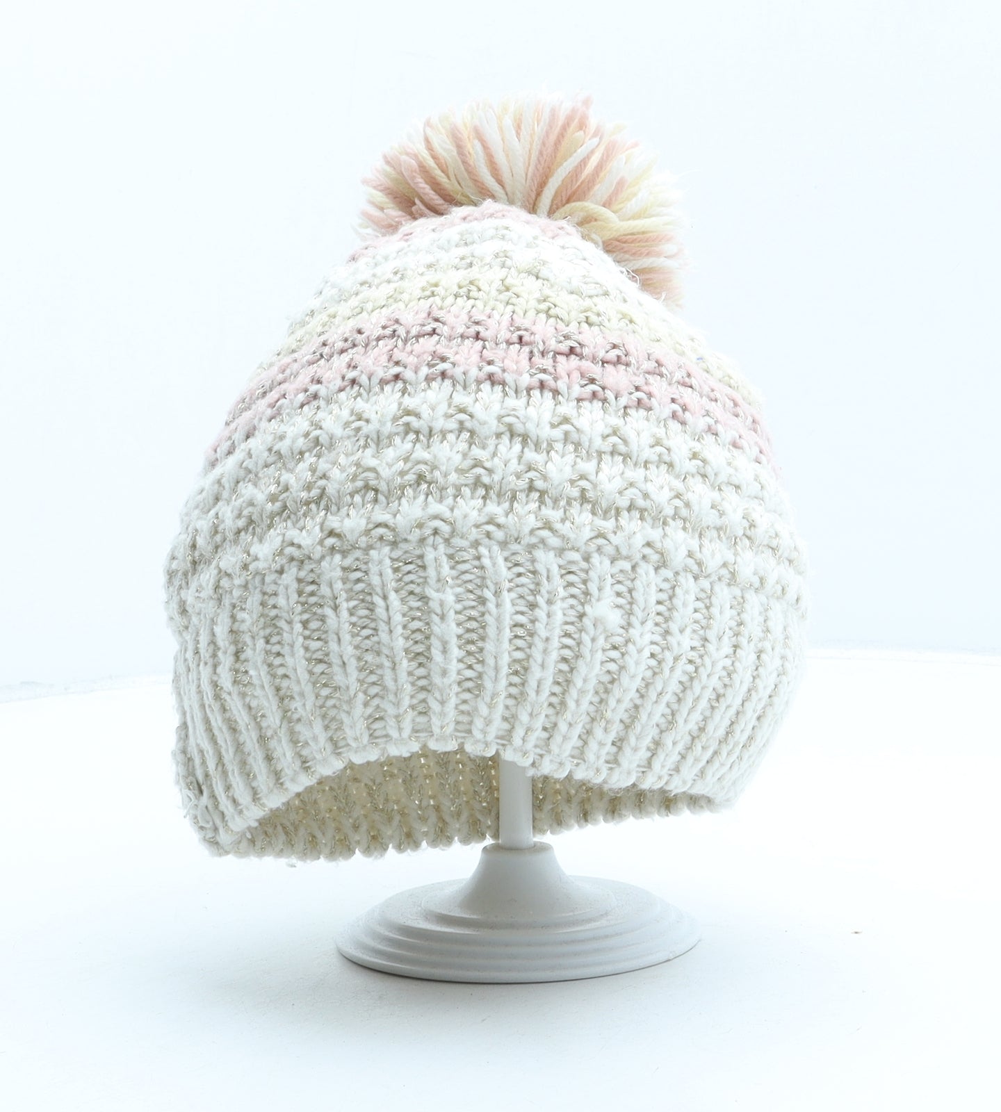 George Girls Beige Striped Acrylic Bobble Hat One Size
