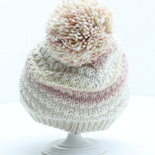 George Girls Beige Striped Acrylic Bobble Hat One Size