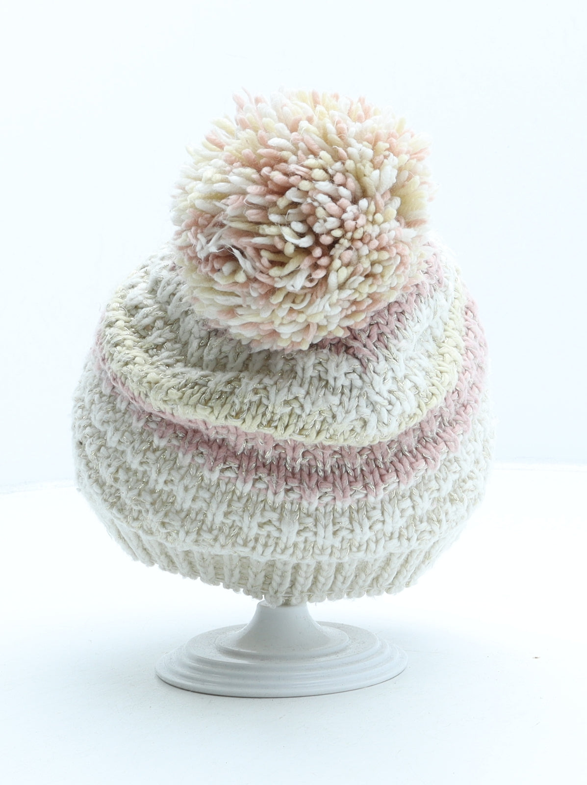 George Girls Beige Striped Acrylic Bobble Hat One Size