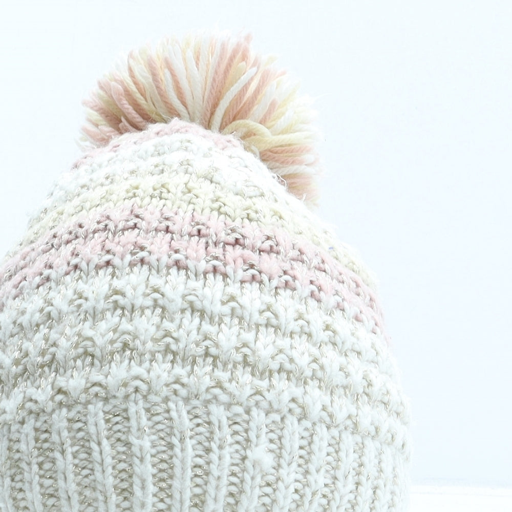 George Girls Beige Striped Acrylic Bobble Hat One Size