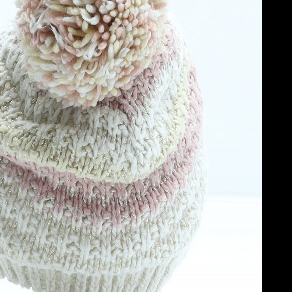 George Girls Beige Striped Acrylic Bobble Hat One Size