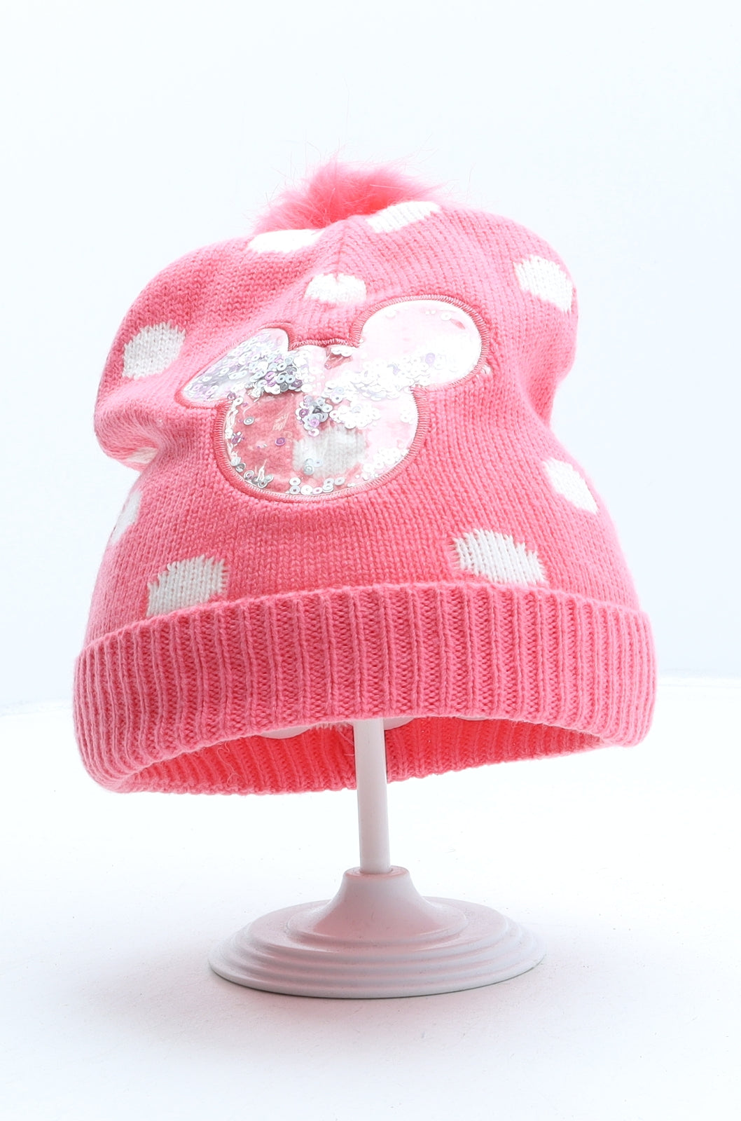 Primark Girls Pink Polka Dot Acrylic Bobble Hat Size M - Mickey Mouse