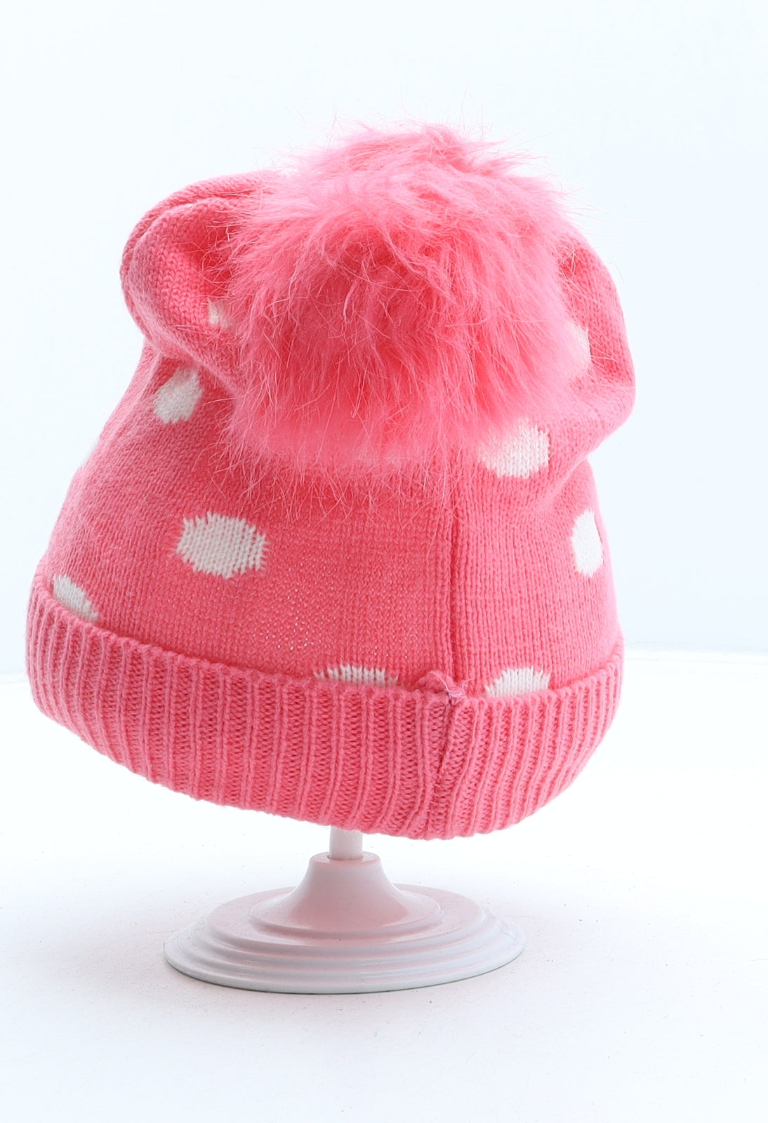 Primark Girls Pink Polka Dot Acrylic Bobble Hat Size M - Mickey Mouse