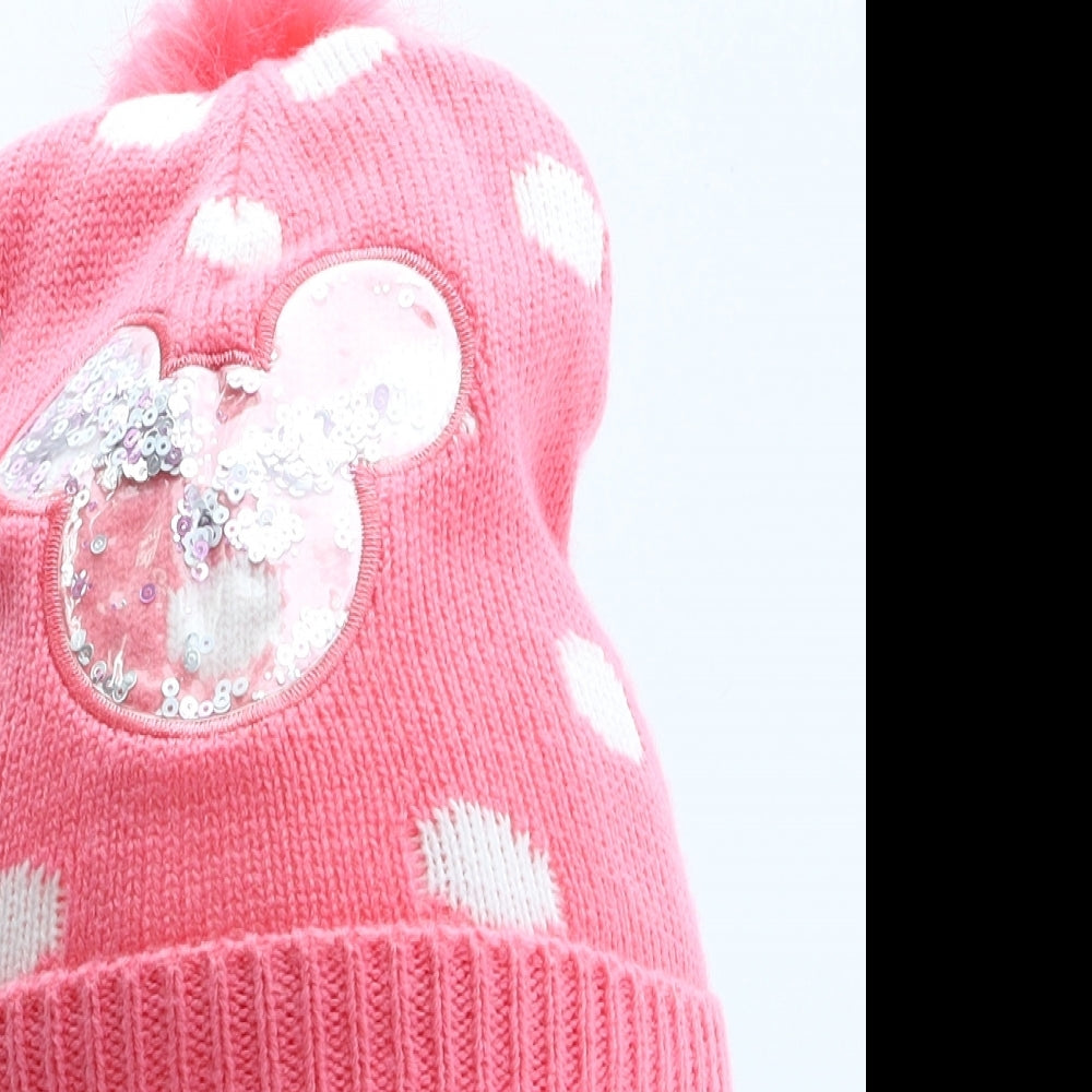 Primark Girls Pink Polka Dot Acrylic Bobble Hat Size M - Mickey Mouse