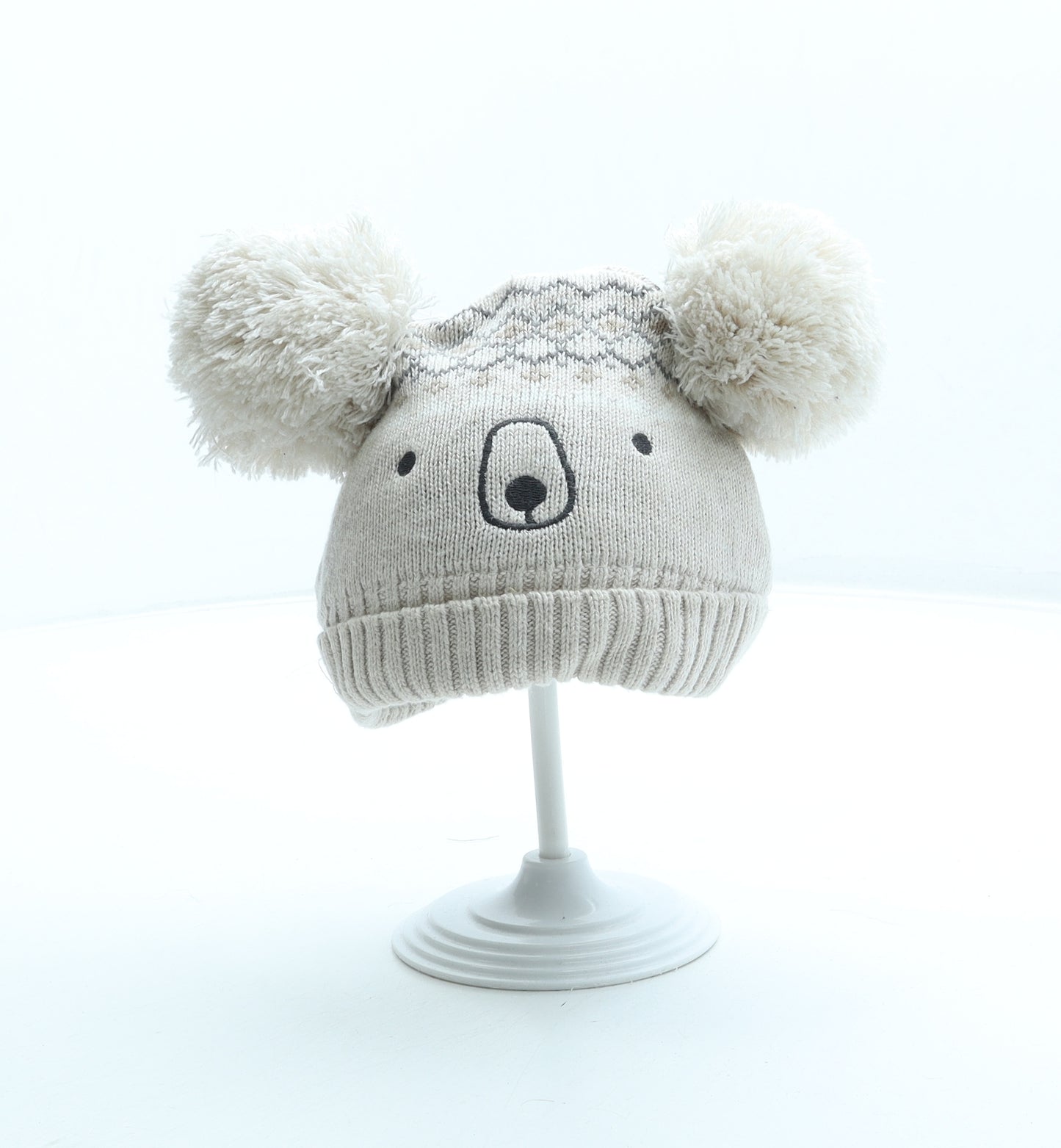 F&F Girls Beige Fair Isle Cotton Bobble Hat Size S - Koala