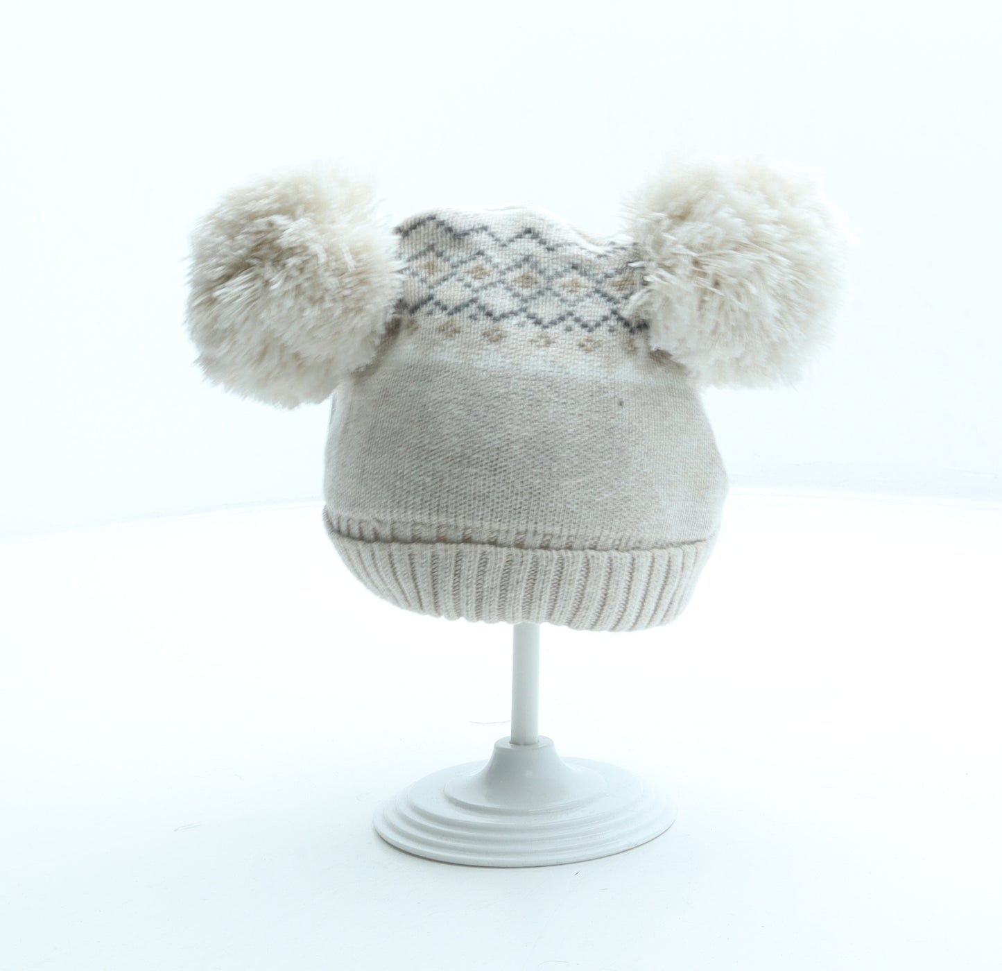 F&F Girls Beige Fair Isle Cotton Bobble Hat Size S - Koala
