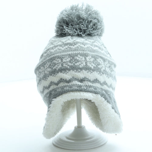 Primark Girls Grey Fair Isle Acrylic Bobble Hat Size S - Pom Pom