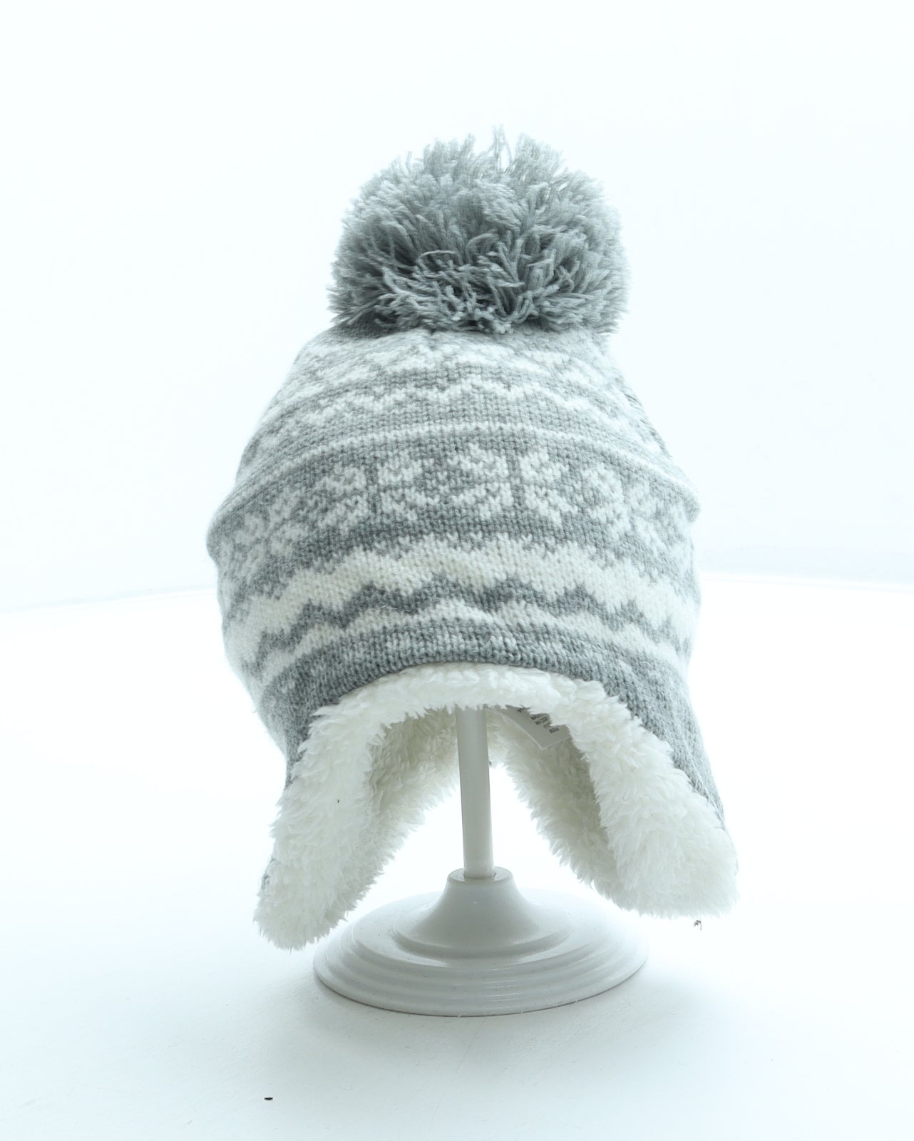 Primark Girls Grey Fair Isle Acrylic Bobble Hat Size S - Pom Pom