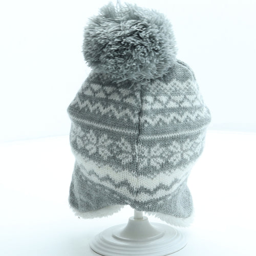Primark Girls Grey Fair Isle Acrylic Bobble Hat Size S - Pom Pom