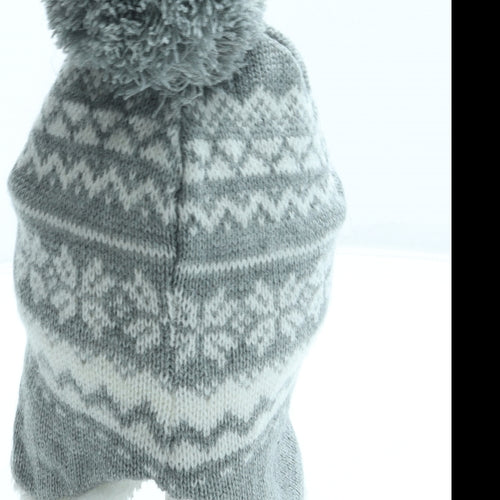 Primark Girls Grey Fair Isle Acrylic Bobble Hat Size S - Pom Pom