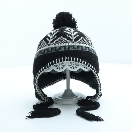 Preworn Boys Black Fair Isle Acrylic Bonnet One Size - Pom Pom