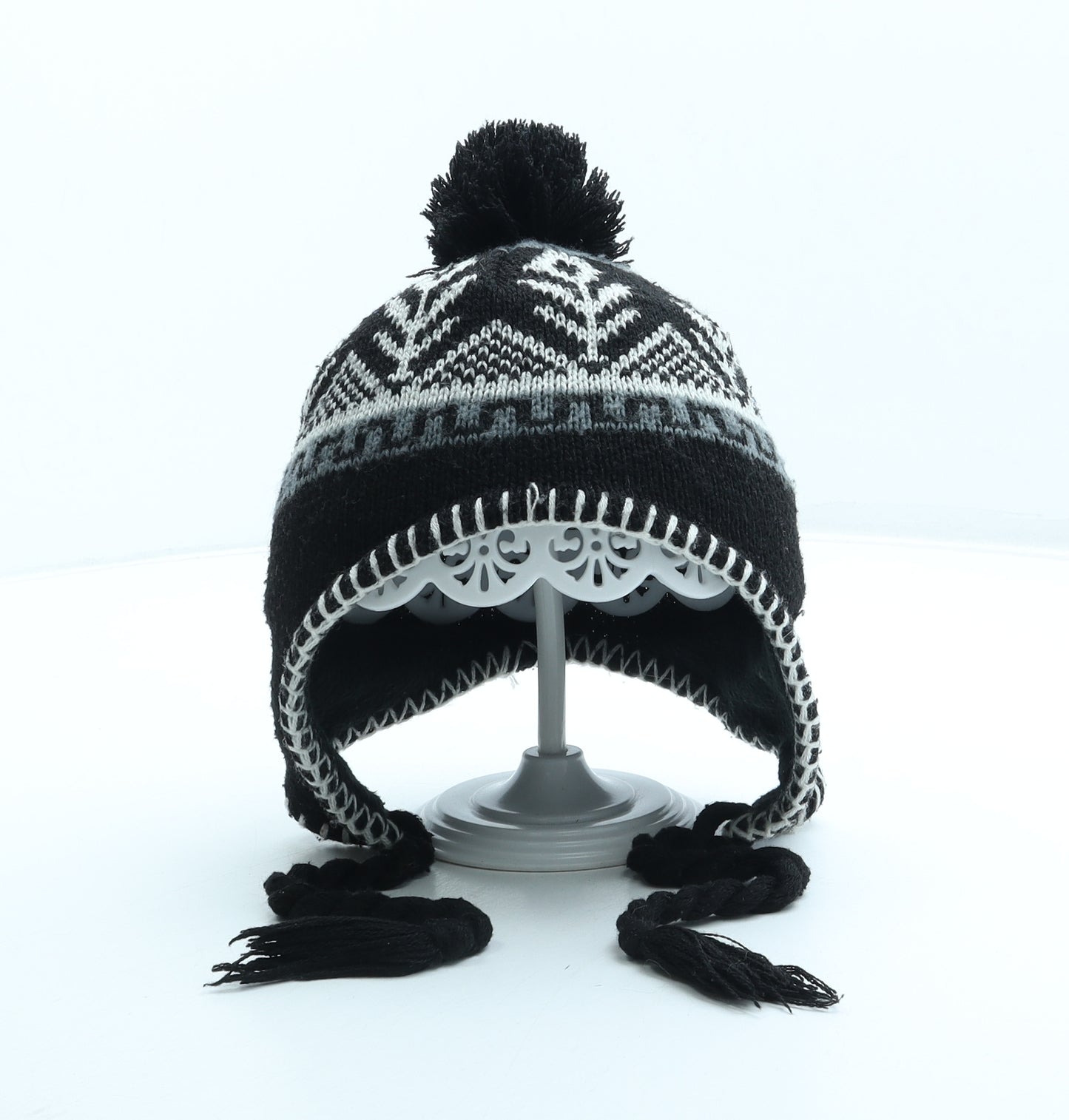 Preworn Boys Black Fair Isle Acrylic Bonnet One Size - Pom Pom