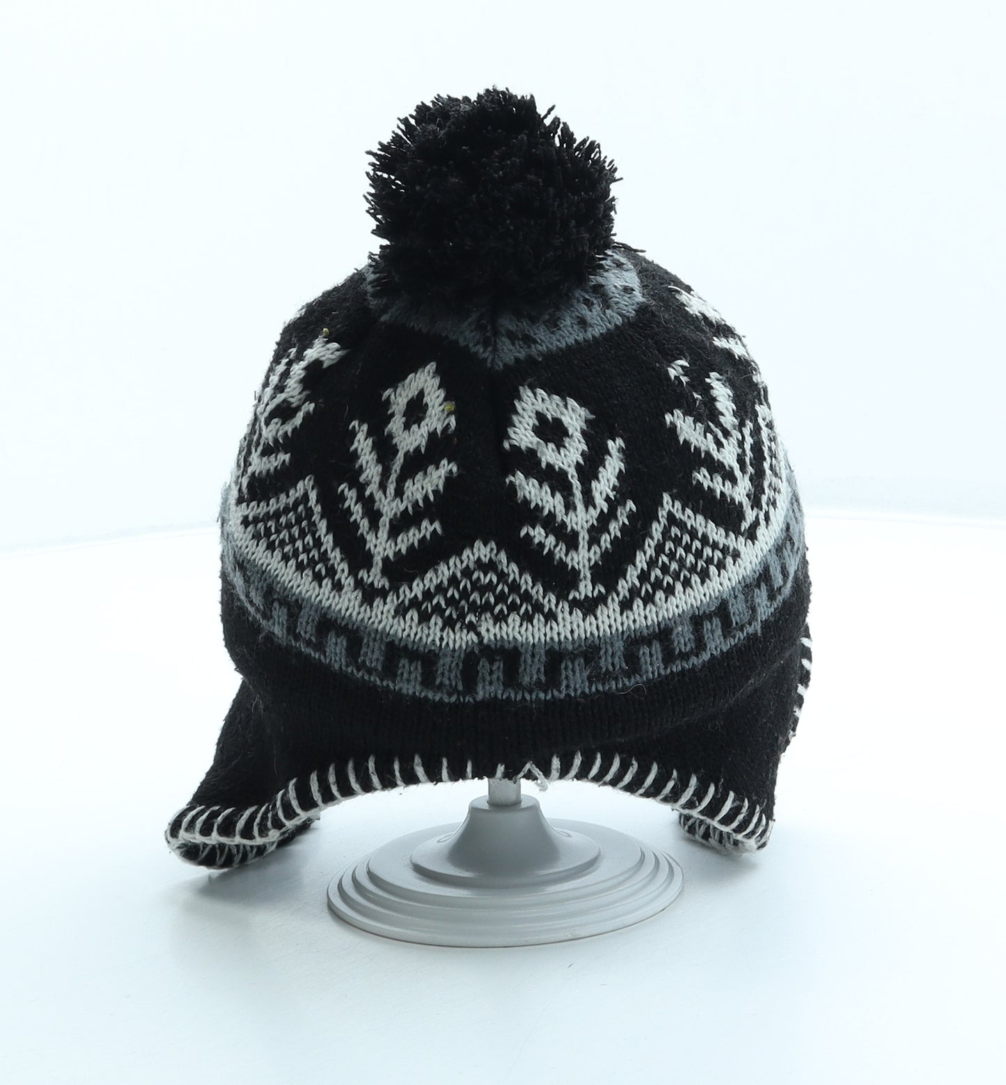 Preworn Boys Black Fair Isle Acrylic Bonnet One Size - Pom Pom