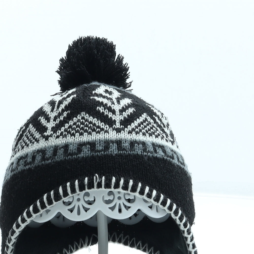 Preworn Boys Black Fair Isle Acrylic Bonnet One Size - Pom Pom