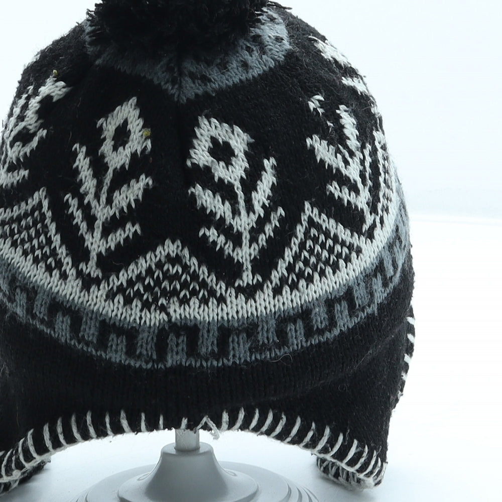 Preworn Boys Black Fair Isle Acrylic Bonnet One Size - Pom Pom