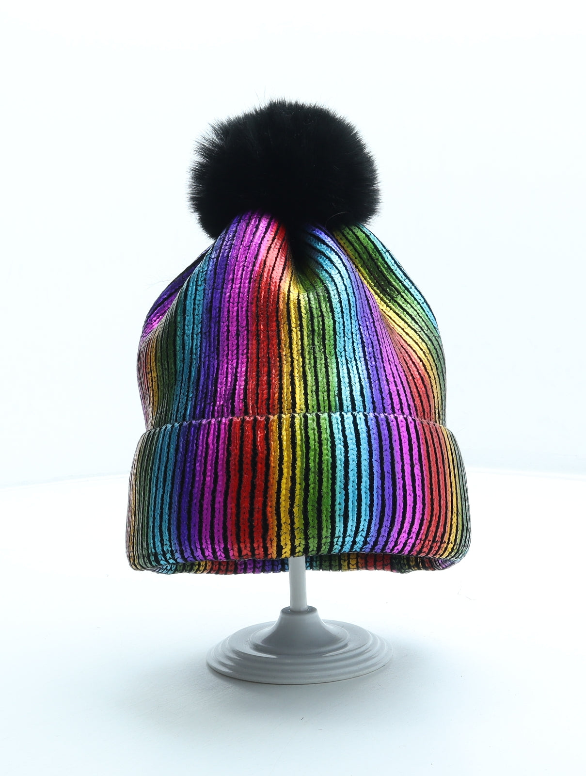 Preworn Womens Multicoloured Striped Acrylic Bobble Hat One Size - Metallic Rainbow