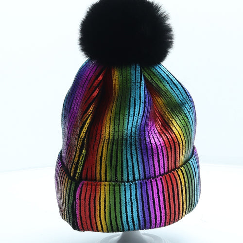 Preworn Womens Multicoloured Striped Acrylic Bobble Hat One Size - Metallic Rainbow