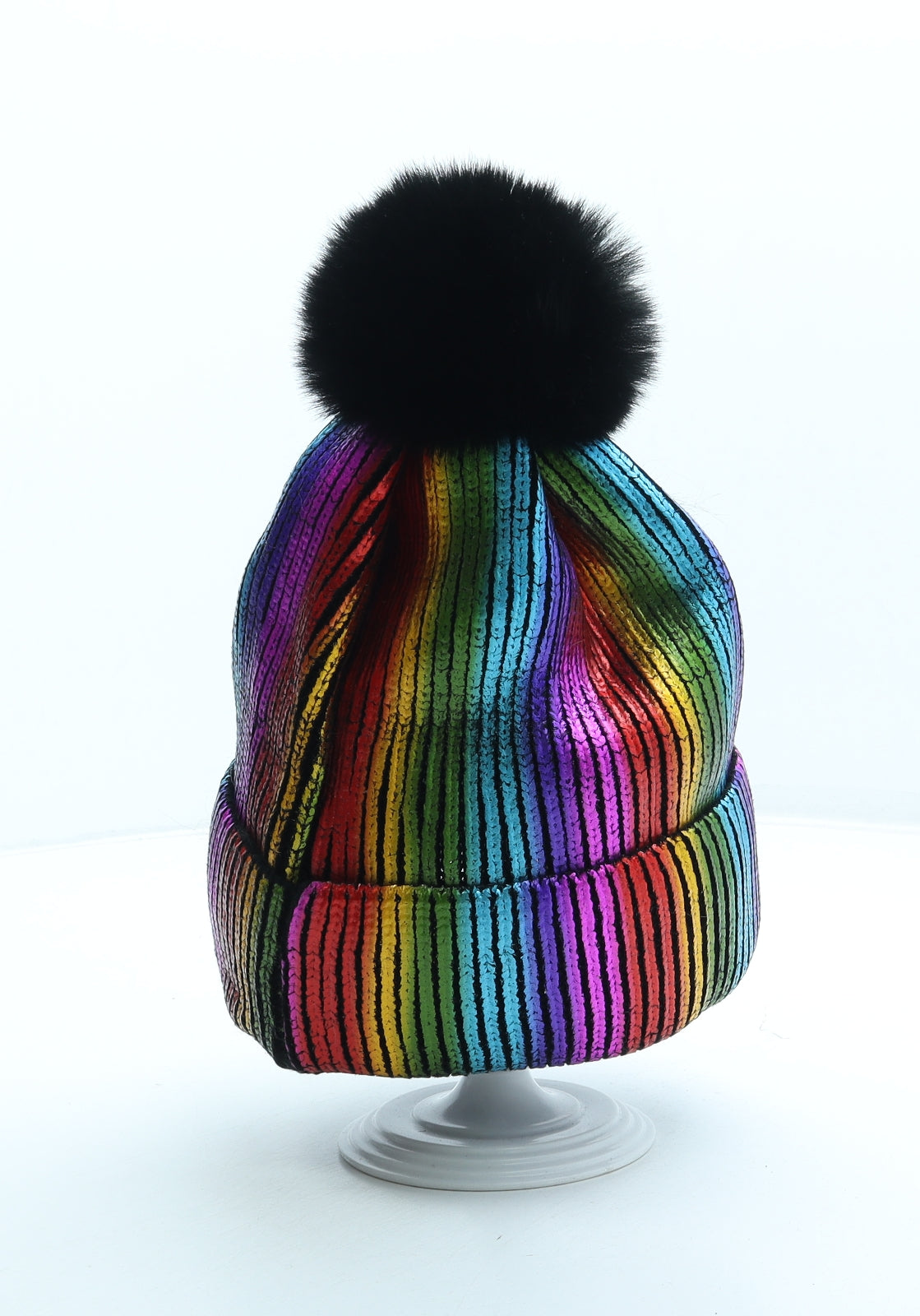 Preworn Womens Multicoloured Striped Acrylic Bobble Hat One Size - Metallic Rainbow