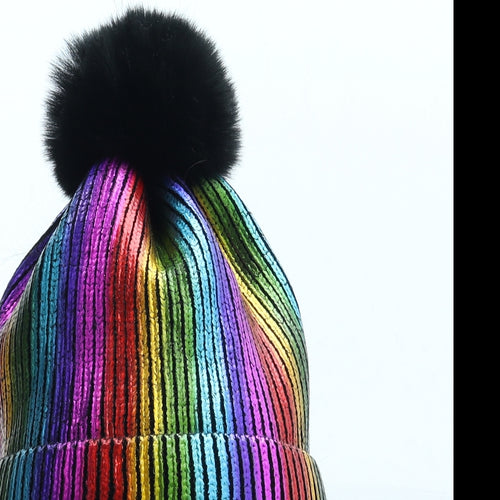 Preworn Womens Multicoloured Striped Acrylic Bobble Hat One Size - Metallic Rainbow