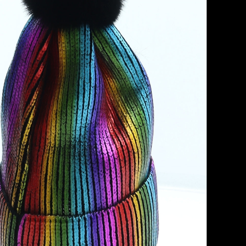 Preworn Womens Multicoloured Striped Acrylic Bobble Hat One Size - Metallic Rainbow