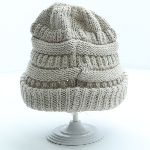 Preworn Womens Beige Acrylic Beanie One Size - Ponytail Hole