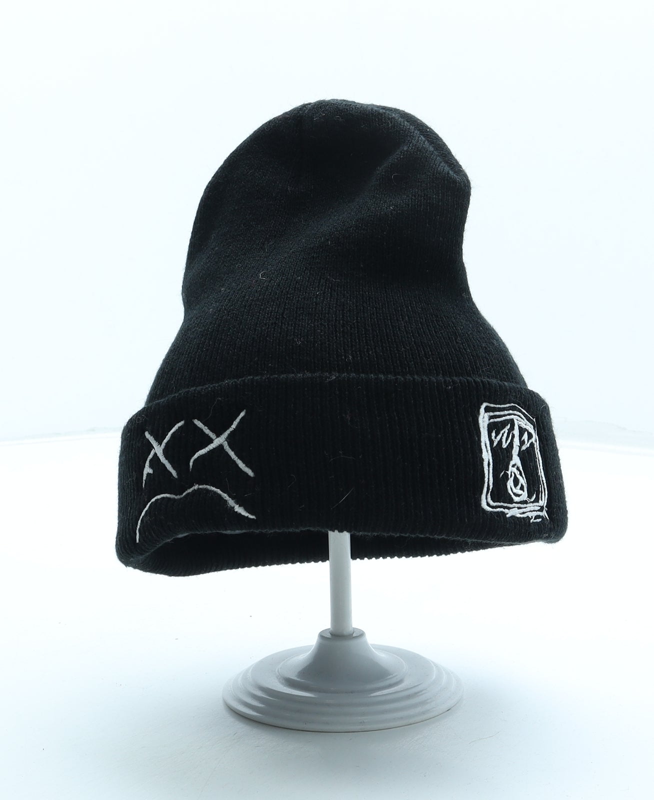 Preworn Mens Black Acrylic Beanie One Size - Gothic Embroidered