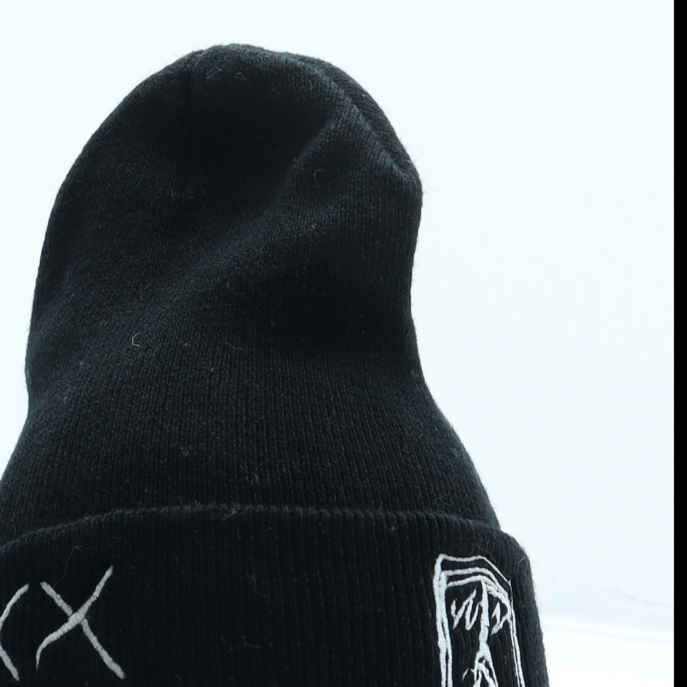 Preworn Mens Black Acrylic Beanie One Size - Gothic Embroidered