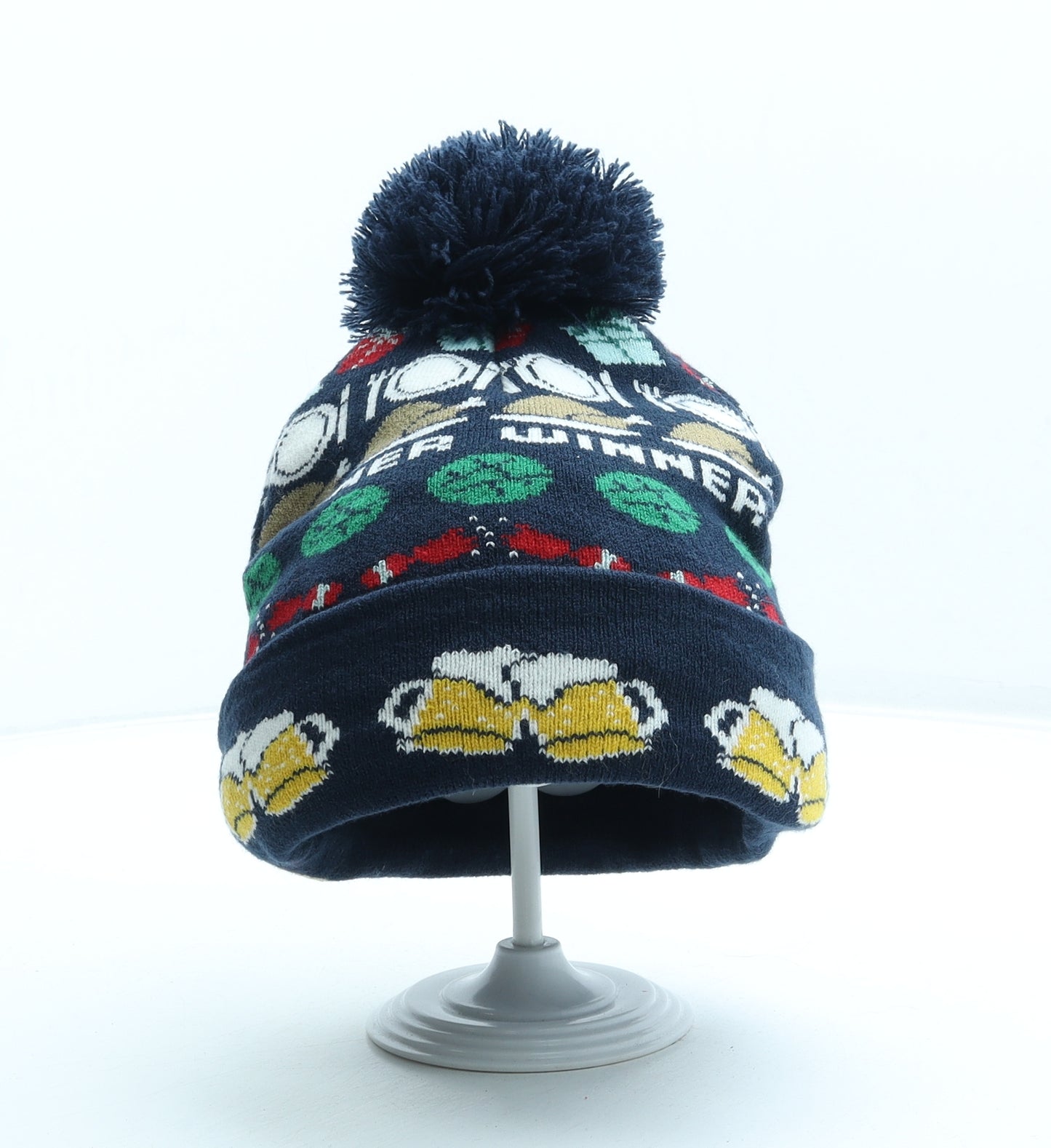 Star Mens Multicoloured Geometric Acrylic Beanie One Size - Christmas Pom Pom