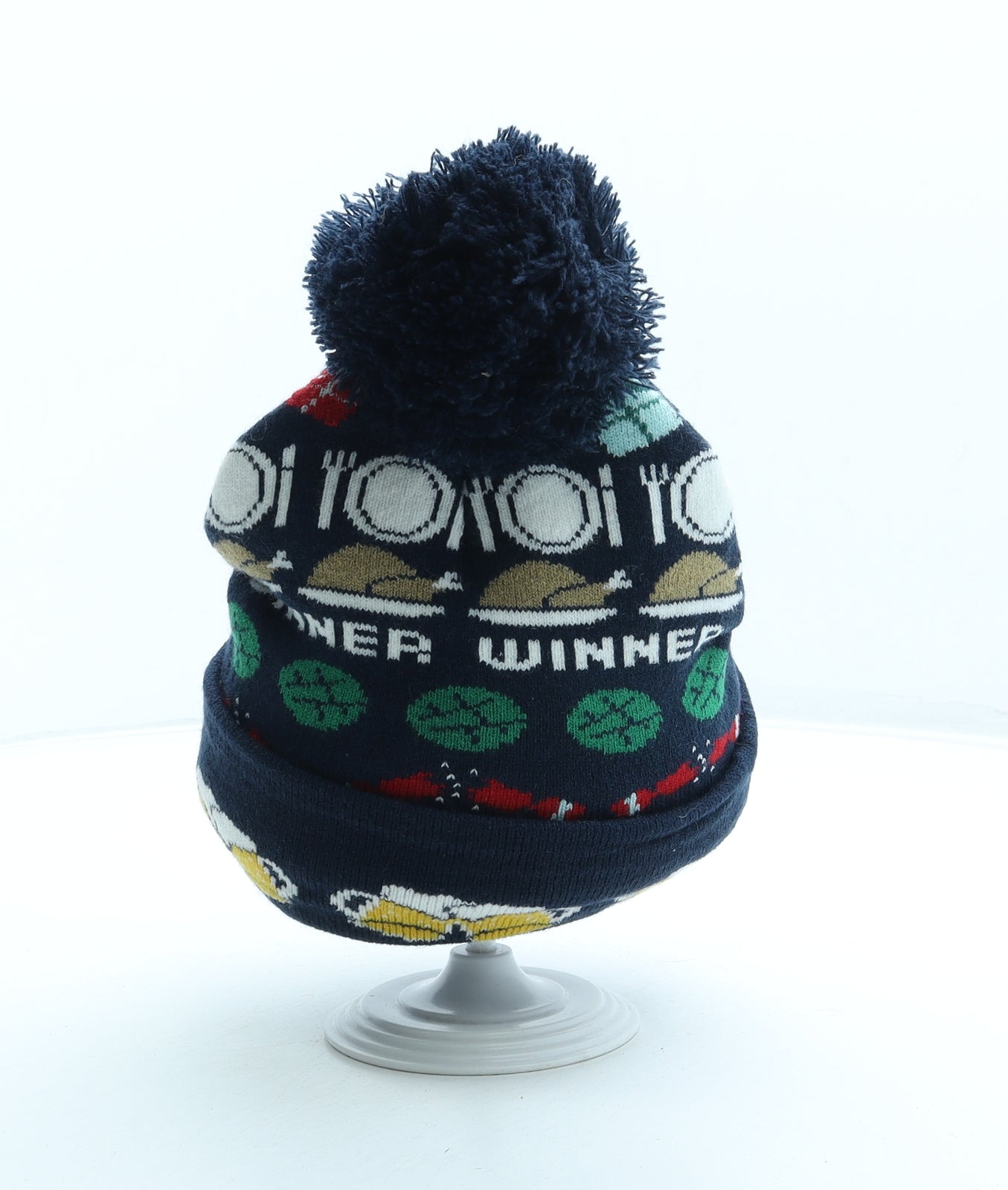 Star Mens Multicoloured Geometric Acrylic Beanie One Size - Christmas Pom Pom