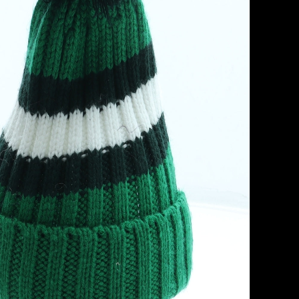 Paddys Mens Green Acrylic Beanie One Size - Pom Pom
